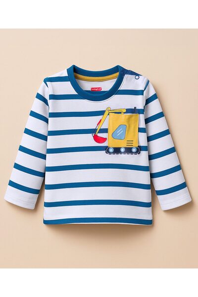 Babyhug 100% Cotton Single Jersey Knit Striped T-Shirt With Vehicle Print - B...