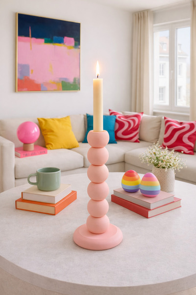 BitByteBrick Bubble Desenli Mumluk & Şamdan - Şeftali Pembesi