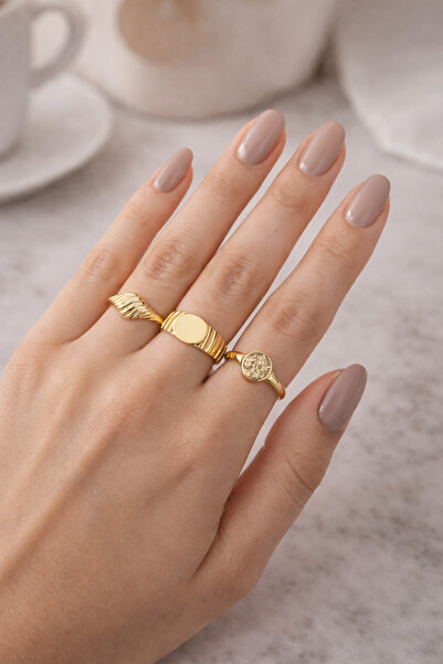 Vitastyle GOLD RENK 3'LÜ KOMBİN VİNTAGE SOYUT TASARIM AYARLANABİLİR YÜZÜK