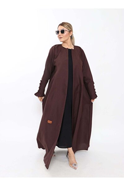 MyesuQ عباية بنية اللون مزينة بأزرار وأكمام