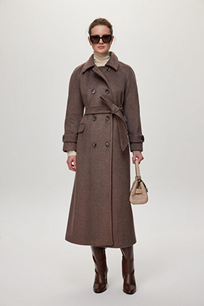 Zühre Çift Cepli Kuşaklı Kaşe Kahve Kaban 13659