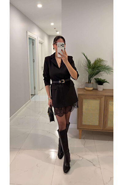 BİRCANÇİL Rochie căptușită Cerry neagră cu detaliu din dantelă la tivul fustei