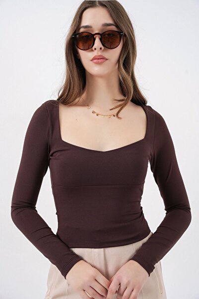 Hiccup Bdart Heart Collar Long Sleeve Bodycon Blouse