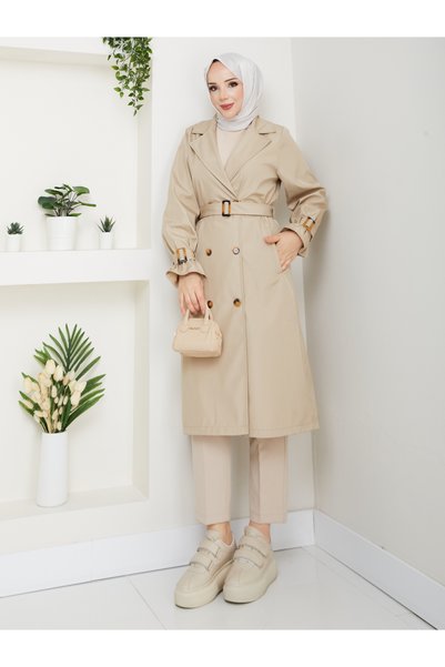 MEHDENEFE Sleeve & Waist Belted Buttoned Trench Coat Mde1103013