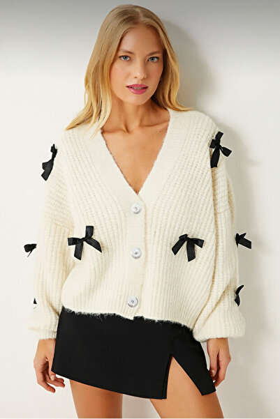 ThisBest Cream Women's Soft Bow Basic Knitwear Cardigan