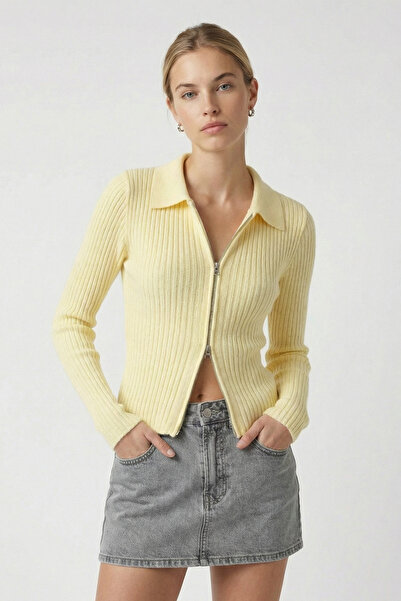 Ritnice Women's Sara Basic Soft Textured Double-Sided Zippered Yellow Knitwea...