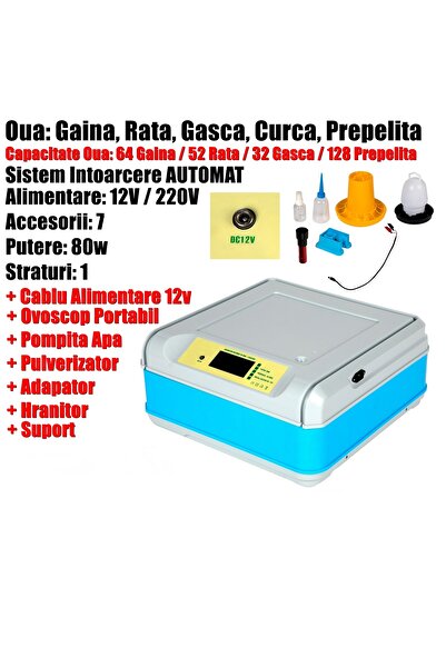 RT Incubator Clocitoare 64 Oua Gaina Rata Gasca Intoarcere Automata Temperatu...