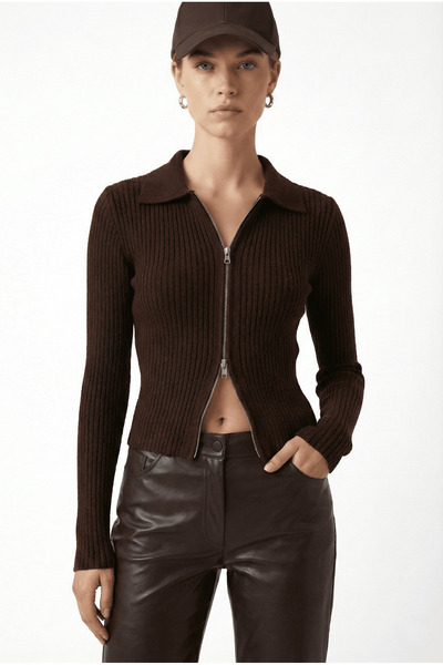 Ritnice Women's Sara Basic Soft Textured Double-Sided Zippered Brown Knitwear...