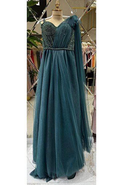 Hanımefendi Giyim Stone Detailed Bustier and One-Shoulder Tulle Detailed Prin...