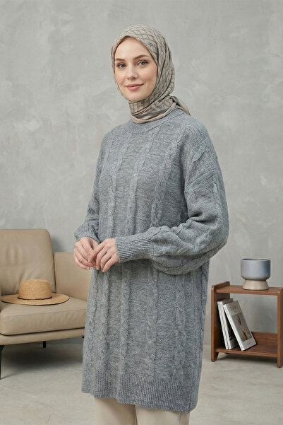 Kirazgym Women's Knitted Pattern Soft Knitwear Tunic - Gray