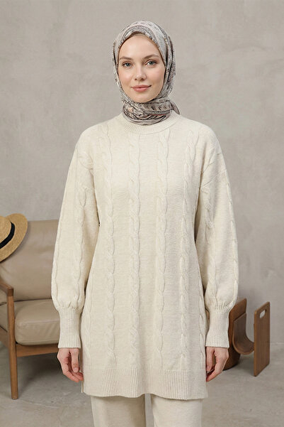 Kirazgym Women's Hair Knit Pattern Soft Knitwear Tunic - Cream