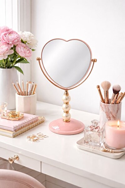 Çelik Ayna inci detaylı ayaklı makyaj aynası