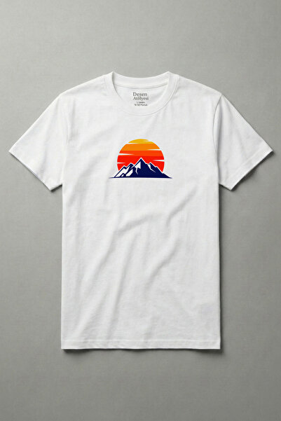 DESEN ATÖLYESİ Cotton Mountain and Sun Printed White Basic Crew Neck Short Sl...