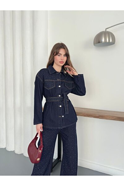 VESS MODA Stone Embroidered Denim Suit with Waist Belt