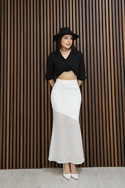 moda poni Women's White Elegant Lace Detailed Long Office & Casual Skirt