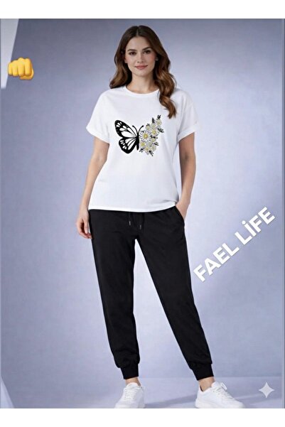 FAEL LİFE SET TRICOU ȘI PANTALONI DE TRENING CU IMprimeu Fluture și Margarete...