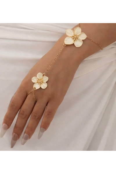 EKİDORA Women's Ecru Gold Enamel Shahmeran Bracelet Floral Model