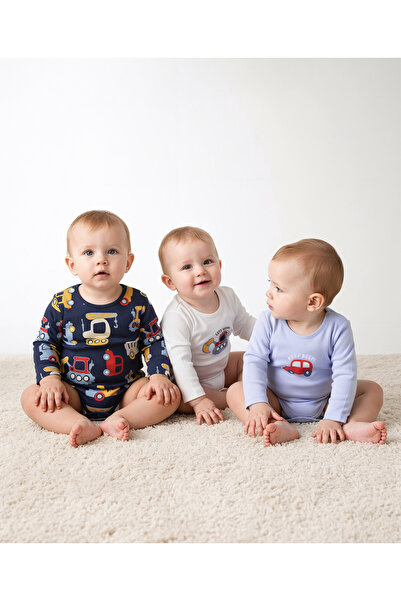 Bonfino Boys 100% Cotton Full Sleeves Vehicles Printed Onesies (Pack Of 3) - ...