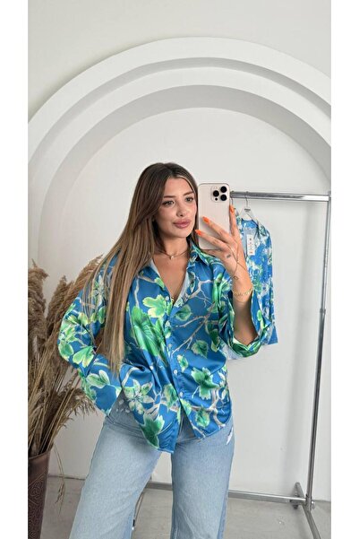MAESTRO WOMAN Kadın Mavi Desenli Oversize Saten Gömlek