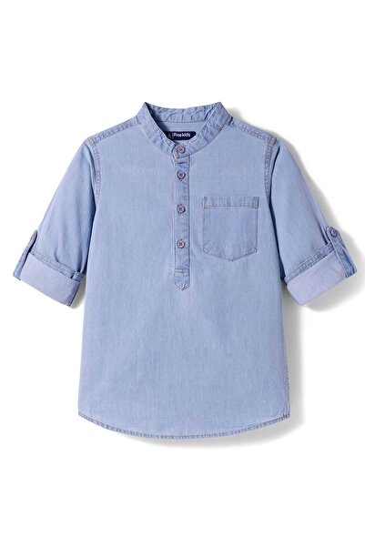 Pine kids Woven Full Sleeves Washed Mandarin Collar Denim Shirt - Blue