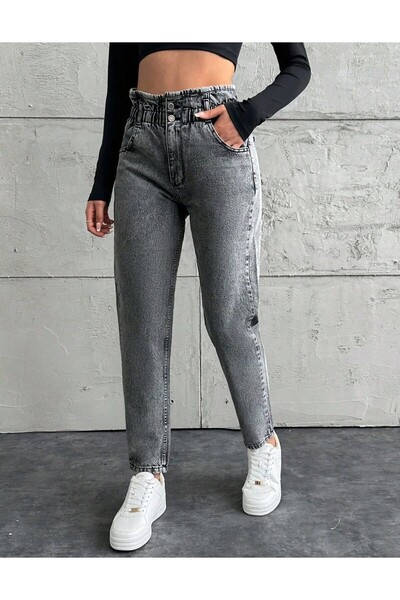 KENE JEANS High Waist Double Button Belt Ruched Mom Jeans