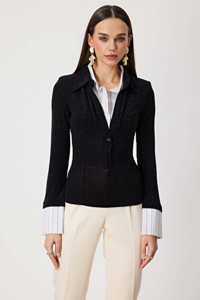 ON İçi Gömlekli Simli Kumaş Bluz