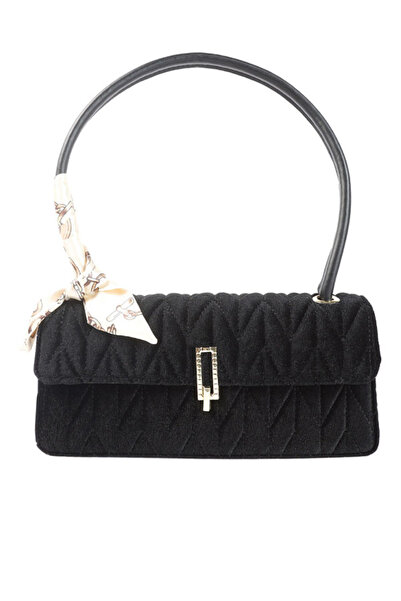 london Rag Women Black Quilted Velvet Baguette