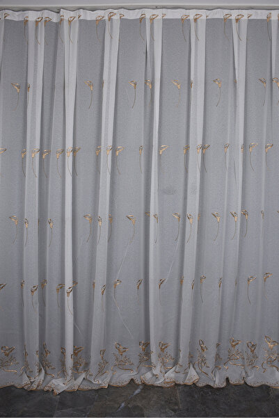 AKÇA TEKSTİL Embroidery 13 Model Cream Color Single Wing Ready-Made Pleated B...