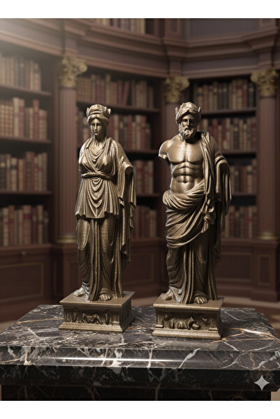 Pilovestik 2'li Antik Yunan Heykel Seti - 20 cm Dekoratif Büst Biblo - Bronz