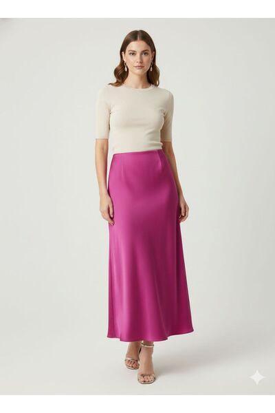 marvion Kadın Saten Kumaş Uzun Zarif Balik Etek
