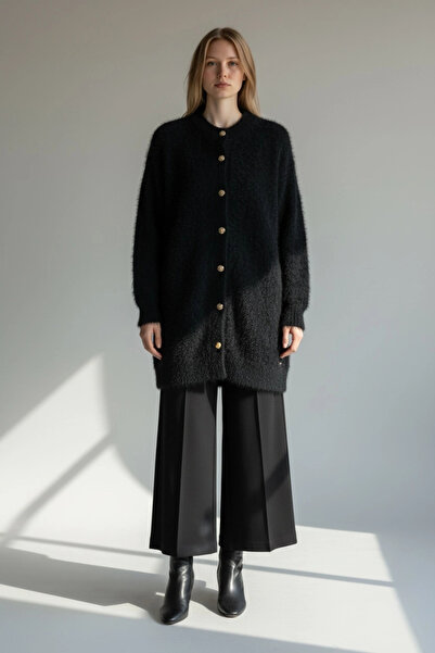 Invee Leopar Desenli Angora Hırka - Siyah - Siyah