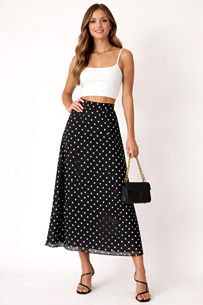 BLOUSE Siyah Beyaz Puantiyeli Midi Etek