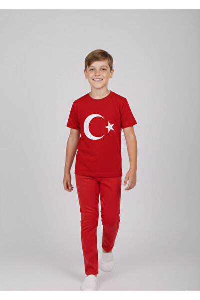NACAR STORE Boy's Ayyildiz Printed T-Shirt and Red Linen Trousers Set for Apr...