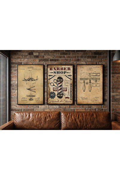 My canvas ÇERÇEVESİZ 3 LÜ SET ERKEK KUAFÖR BERBER RUSTİK KANVAS TABLO SETİ