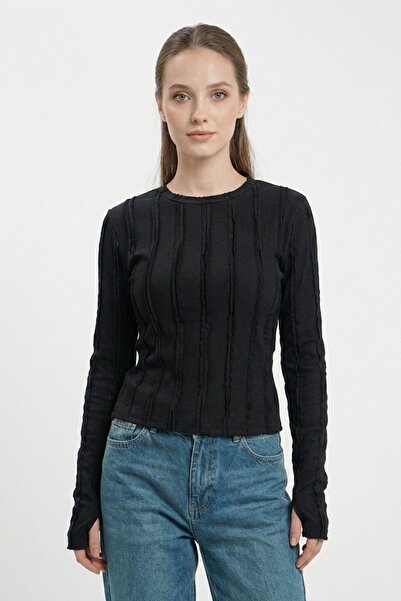 Hiccup Bdart Ribbed Crew Neck Long Sleeve Blouse