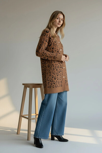 Invee Leopar Desenli Angora Hırka - Camel - Lacivert