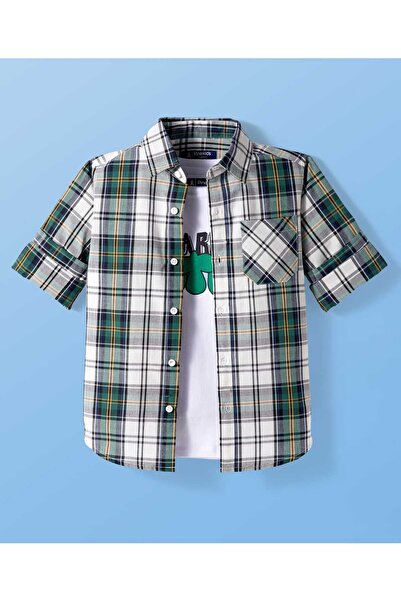 Pine kids Cotton Woven Full Sleeves Checks Shirt with Text Printed Inner T-Sh...