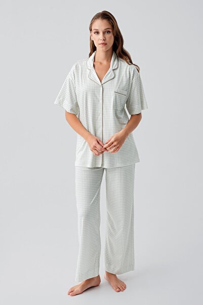 Artış Short Sleeve Buttoned Pocketed Gingham Cotton Pajama Set