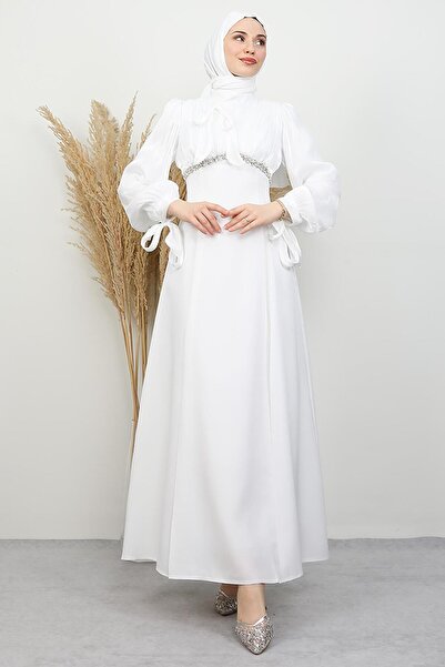 GİYZAMİLA Tanyeli Stone Detailed Evening Dress White