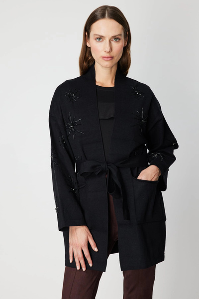 On Fashion Beli Belted Stone Embroidered Black Cardigan 60909