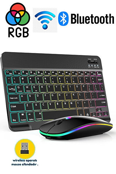 MAXGO 3149 RGB Işıklı Kablosuz Bluetooth Klavye Mouse Seti Şarjlı Tablet-Tele...