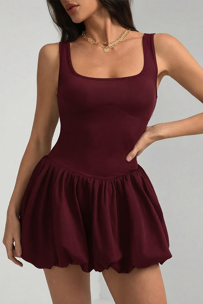 ecemore Square Neck Strap Balloon Skirt Mini Dress
