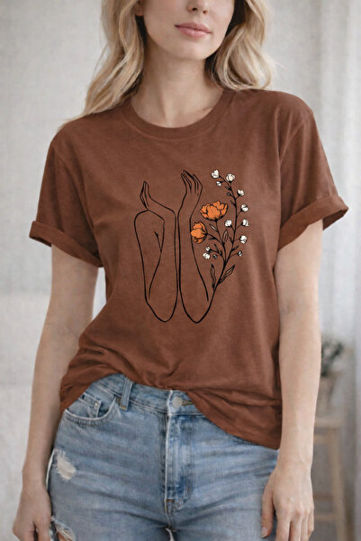 ArtYus Flower and Hands Printed Cotton Relaxed Fit Round Neck Unisex T-Shirt