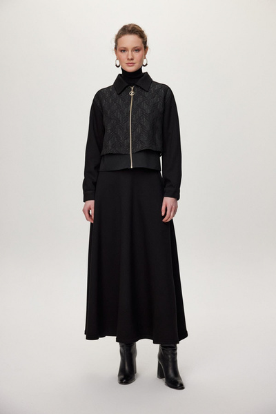 Zühre Patterned Zippered Jacket Skirt Double Black Set 1710