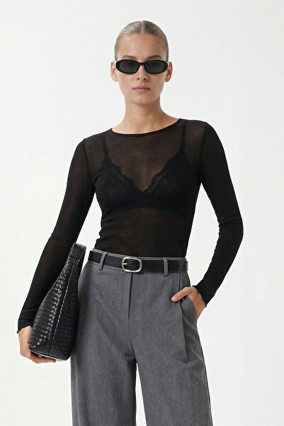 Ritnice Women's Scarlet Semi-Transparent Boat Neck Ultra Light Black Knitted ...