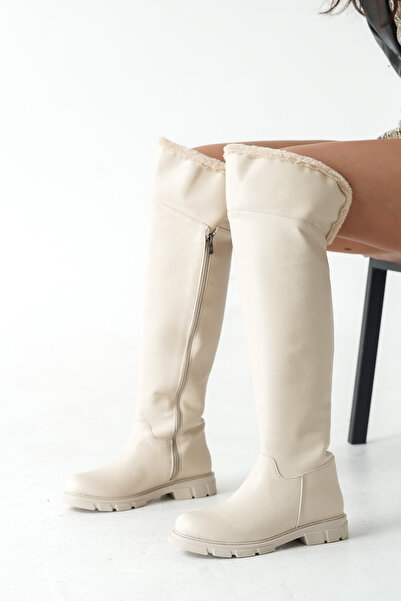 FEMME Women's Over-The-Knee Non-Slip Sole Zippered Fur Detailed Boots Livia Bej