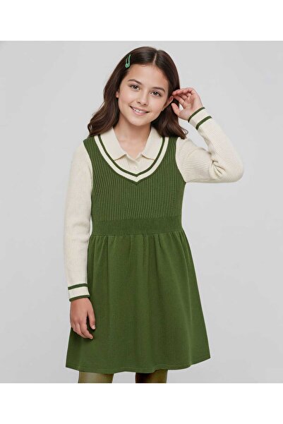 Pine kids Knitted Full Sleeves Solid Woolen Dress - Olive Green