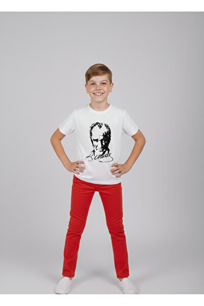 NACAR STORE Boy's Ataturk Printed T-Shirt and Red Linen Trousers Set for Apri...
