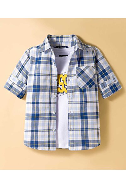 Pine kids Cotton Woven Full Sleeves Checks Shirt with Text Printed Inner T-Sh...