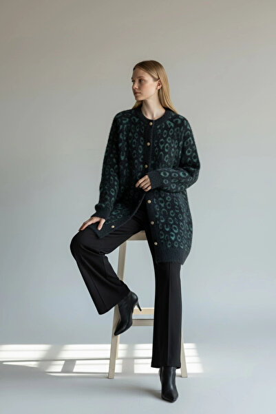 Invee Leopar Desenli Angora Hırka - Yeşil - Siyah